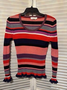 Hugo Boss Striped Ribbed Long-Sleeve Top in Red, Pink & Navy